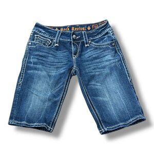Rock Revival Debbie Bermuda Denim Blue Jean Shorts Flap Pocket Women’s Size 28